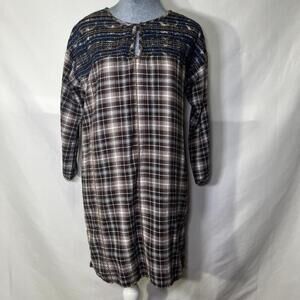 Uncle Frank Womens Brown Plaid Flannel Dress Tunic Size XS Boho Embroidered